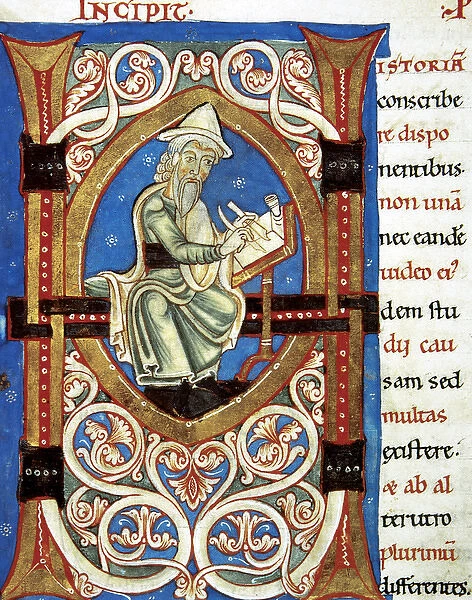 Initial with image (amanuensis). Letter H. Manuscript. 15th