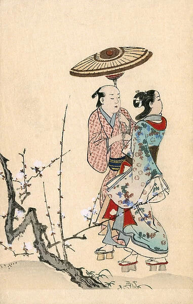 Japanese Art - Couple out for a walk - Springtime