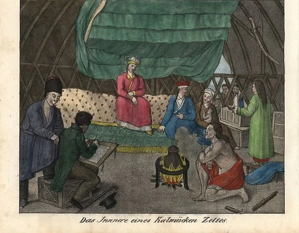 Kalmyk people inside a tent or gher, drinking