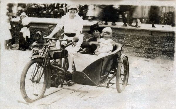 Ladies and child on a 1920 Rudge Multi motorcycle & sidecar