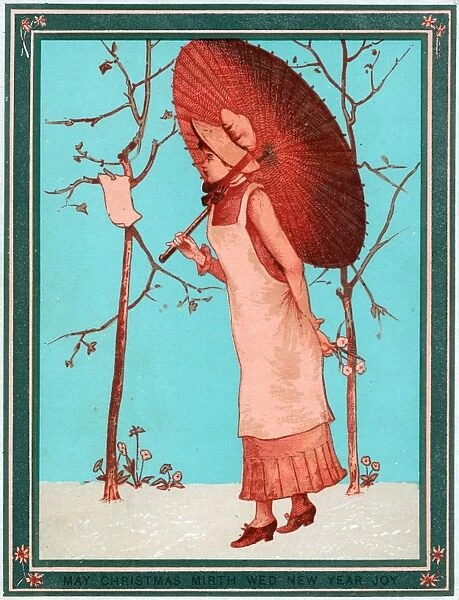 Lady with a parasol on a Christmas and New Year card