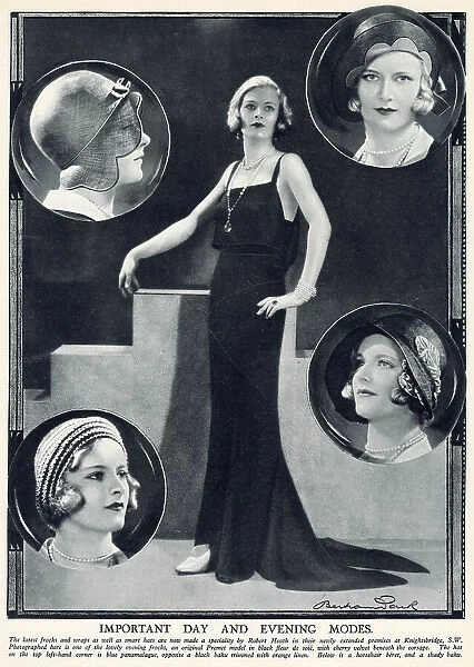 Latest frocks and smart hats by Robert Heath available at Knightsbridge, London. Date: 1930