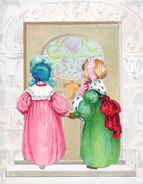 Two little girls standing at a door on a greetings card