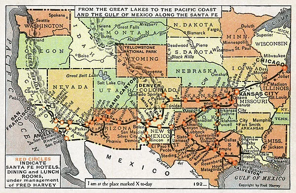Map, route of Santa Fe Railroad, USA