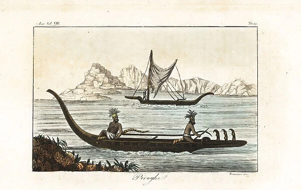 Marquesas Islanders in war pirogues or outrigger canoes