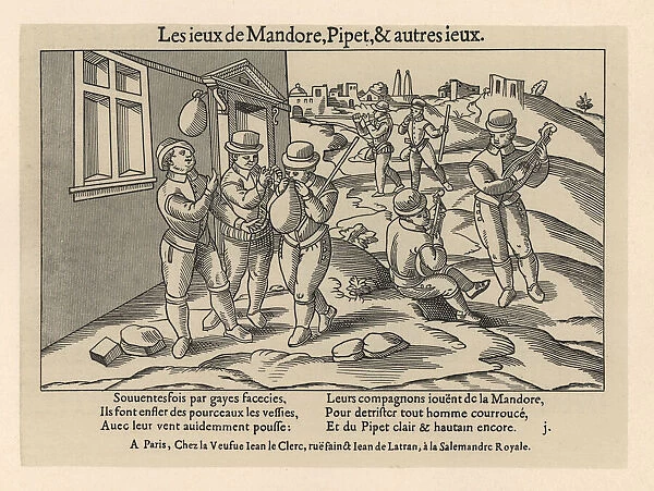 Medieval men inflating pig bladders, playing