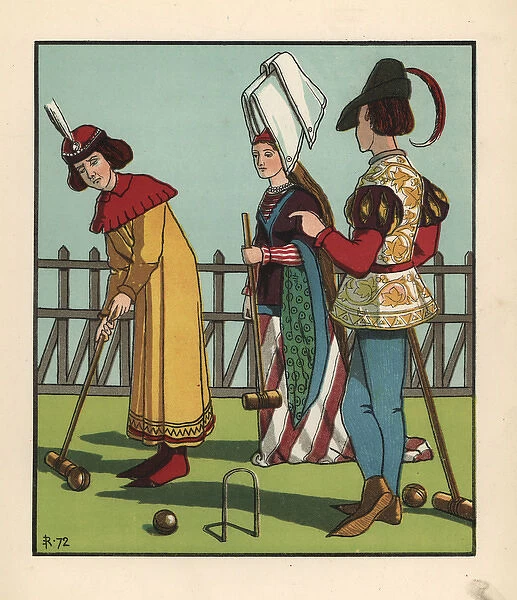 Medieval men and woman playing croquet with mallet and hoops