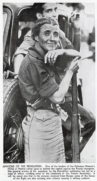 One of the members of the Volunteer Women's Militia, pictured in Madrid, 1936. Militias, such as this one, performed valuable service for the Republican Government in the Spanish Civil War. Date: 1936