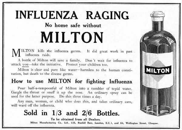 Milton influenza advertisement, 1919