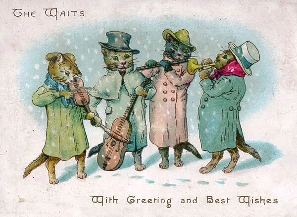 Four musical cats on a Christmas card