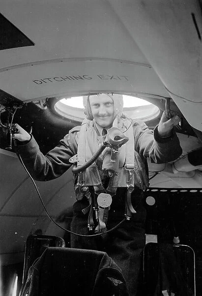 Navigator standing at the astrodome of a Vickers Varsity T. 1