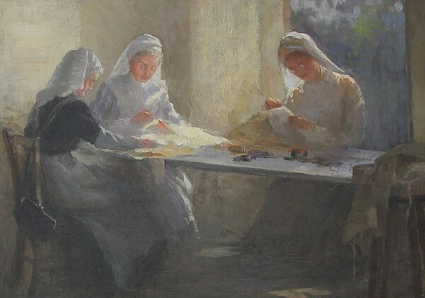 Three nurses sewing at a table, WW1