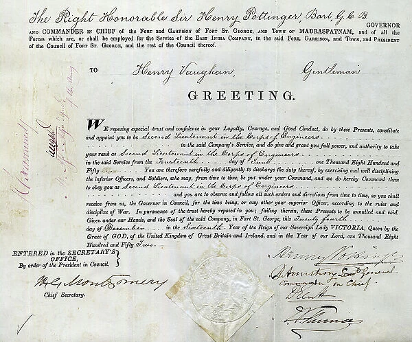 Parchment commission, 2nd Lieutenant Henry Vaughan