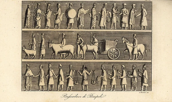 Persian soldiers with weapons, cattle, wagons, etc