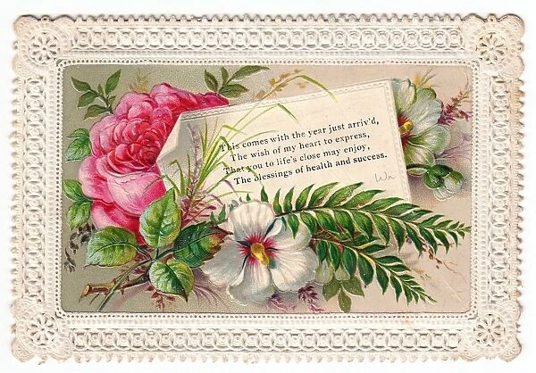 Pink and white flowers on a New Year card