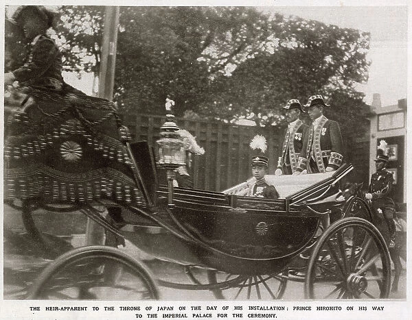 Prince Hirohito (1901 - 1989), in his carriage on the way to be formally installed as Heir to the Throne, 3rd November 1916. The eldest son of Emperor Taisho, he became the 124th Emperor of Japan, in 1926, on the death of his father. Date: 1916