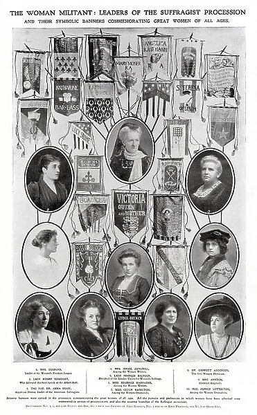 Some of the prominent figures in a NUWSS London procession. Also shown are some of the 70 banners carried commemorating great women through the ages. Date: 13 June 1908