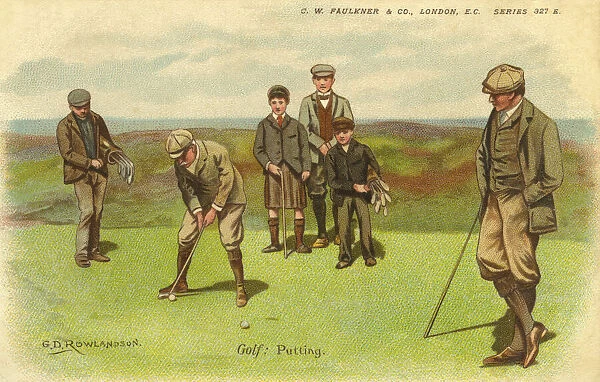 Golf: Putting. Group of Edwardian gentlemenplaying golf