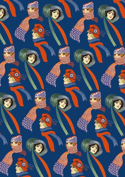 Repeating Pattern - three women in scarves and hats, blue