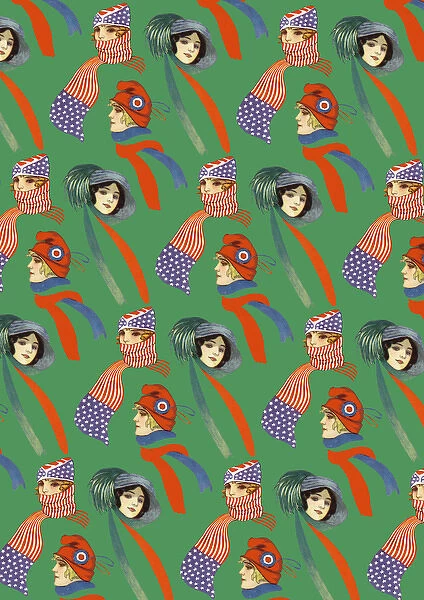 Repeating Pattern - three women in scarves and hats, green
