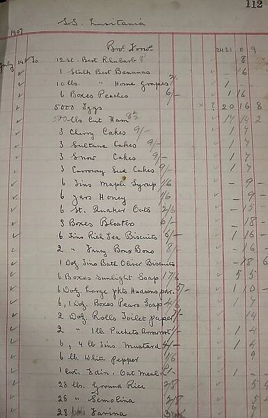 RMS Lusitania - ledger listing supplies prior to sailing