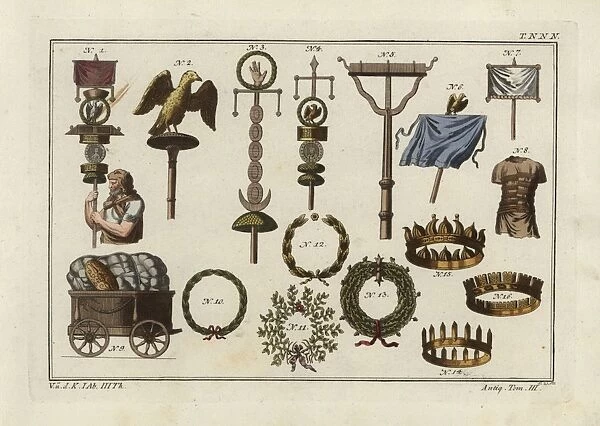 Roman ensigns, baggage chariot and crowns