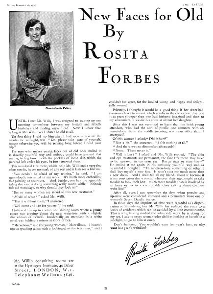 Rosita Forbes endorsing Mr Willi, plastic surgeon