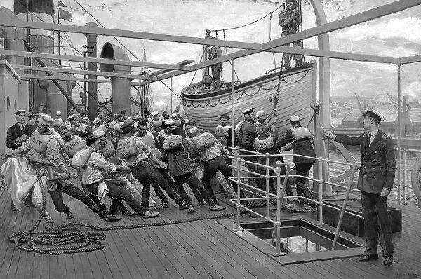 Sailors hauling a boat onto the deck of a ship, WW1