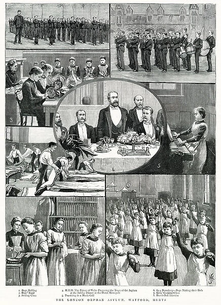 These are scenes from the London Orphan Asylum in Watford. 1) boys doing drill 2) the boys band 3) sewing class 4) the Prince of Wales proposing the toast of the asylum at the Jubilee Dinner at the Hotel Metropole 5