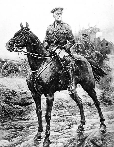Sir Samuel Hughes on horseback; France, 1916