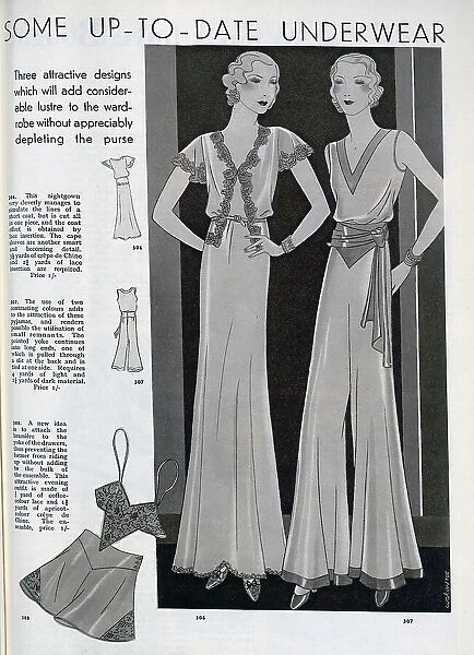 Sketch illustrating some fashions in women's night attire - a nightgown and pyjamas. Date: circa 1932