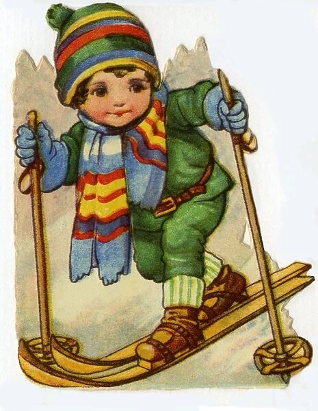 Skiing. Artist: Ada Leonora Bowley. Girl in green on the slopes Date: circa 1920