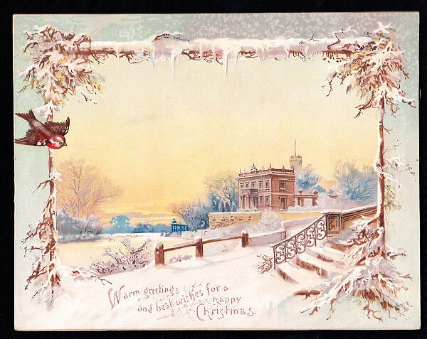 Snow scene with bird on a Christmas card