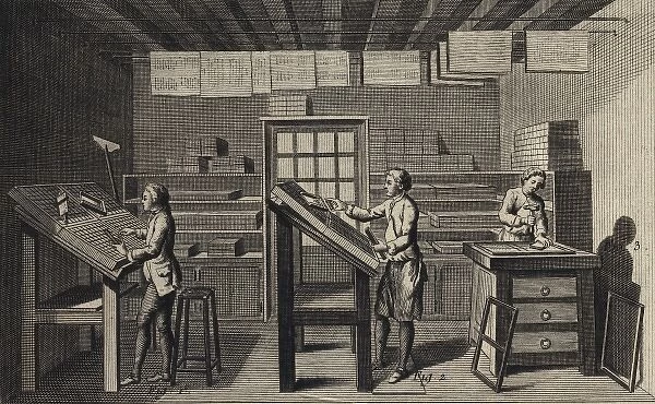 Typesetter in press. Detail of plate 1 for article