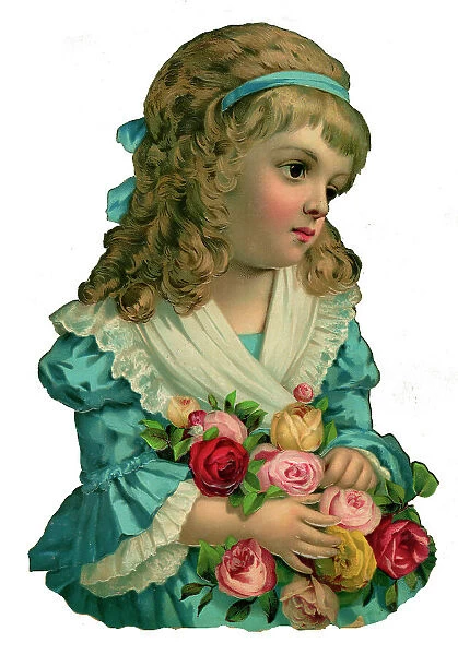 Victorian scrap, girl holding a bunch of flowers