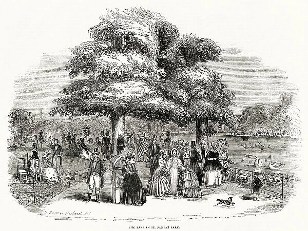 Victorian taking a walk in St James's Park, London, in the summer months. Date: August 1844