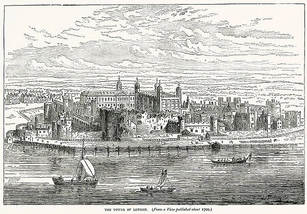 View of the Tower of London and surrounding area. Date: circa 1700