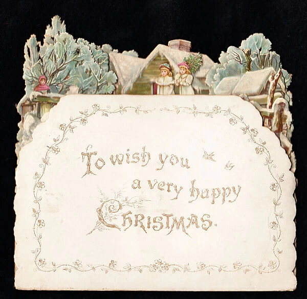 Winter scene on a cutout Christmas card
