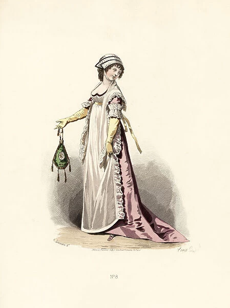Woman in pansy-coloured dress, apron and shawl