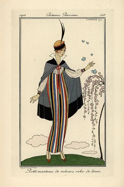 Woman in striped linen dress with short velvet coat
