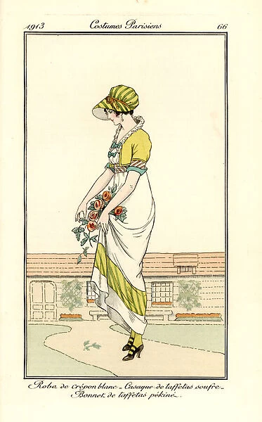 Woman in white crepon dress with taffeta jacket and hat