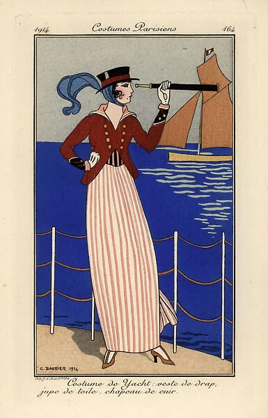 Woman in yachting outfit holding a telescope