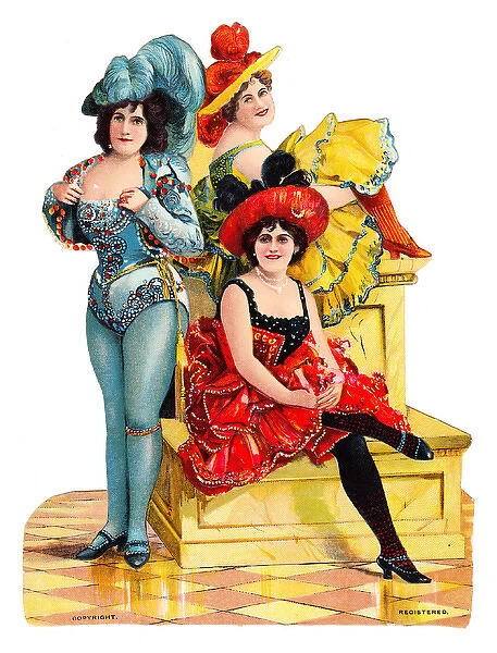 Three women in burlesque costume on a Victorian scrap