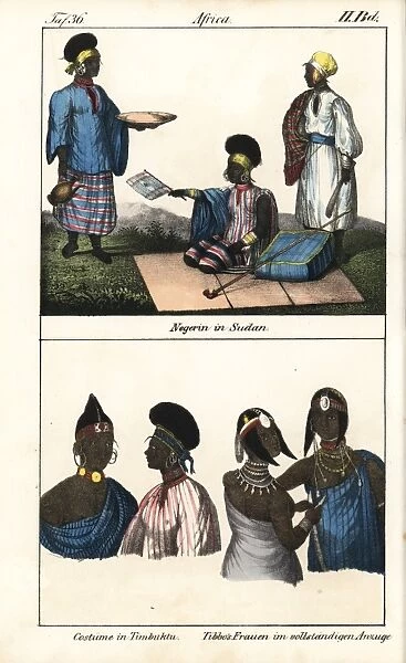 Women of Sudan in striped robes, Timbuktu, and Tibbo people