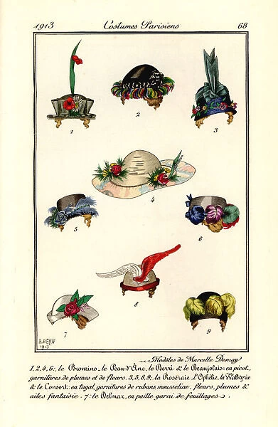 Womens hat designs by milliner Marcelle Demay, 1913