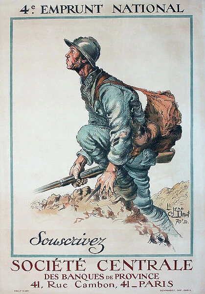 WW1 poster, 4e Emprunt National - Souscrivez (4th National War Loan - Subscribe) - Societe Centrale des Banques de Province, Rue Cambon, Paris. Date: circa 1916