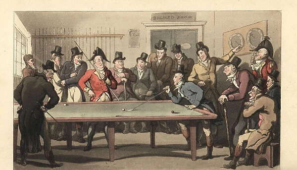 Young English gentlemen playing a game of billiards