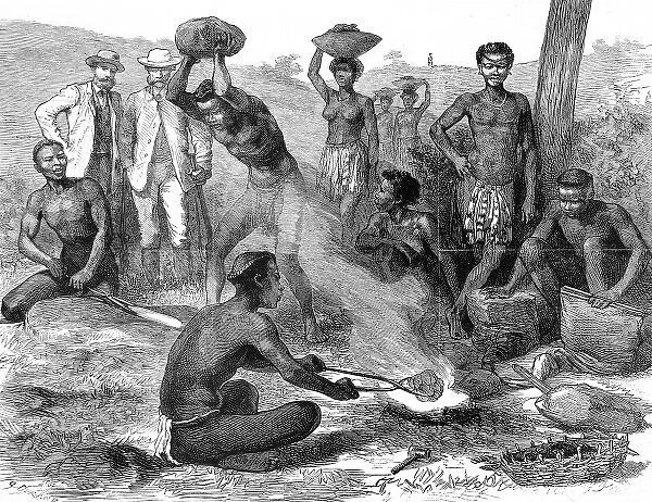 The Zulu wars. A Zulu blacksmith forging an assegai