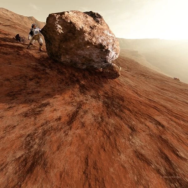 Astronaut on Mars next to rock, artwork