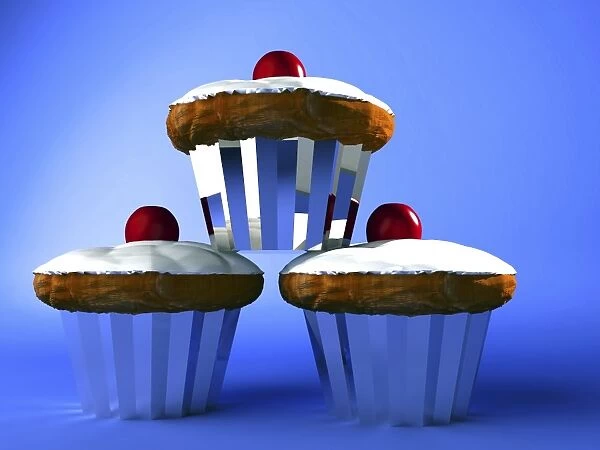 Cakes. Computer artwork of three iced cupcakes